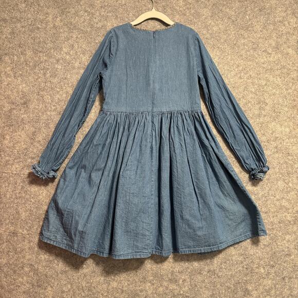 Mini Boden Dress Girls Size 8 9 Blue Chambray A Line Embroidered Long Sleeve - Picture 4 of 11
